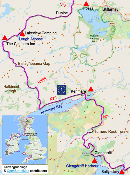 Karte zur Radtour auf dem EV1 von Ballylickey nach Dunloe