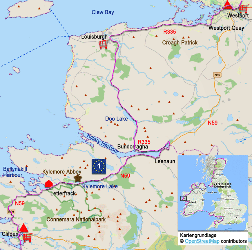 Karte zur Radtour auf dem EV1 von Clifden nach Westport