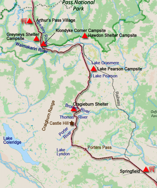 Karte zur Radtour von Arthur's Pass Village nach Springfield