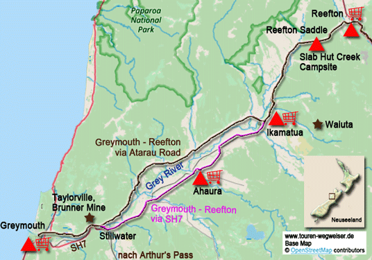 Karte zur Radtour von Greymouth nach Reefton
