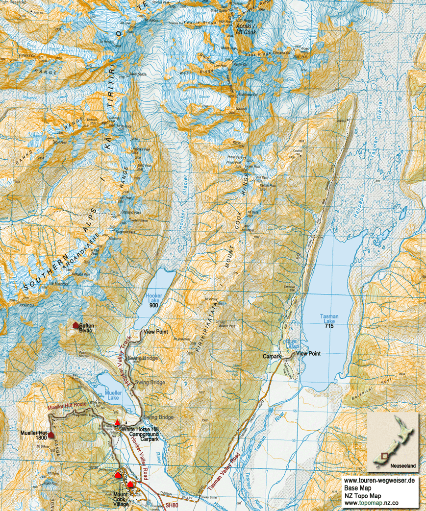 Karte zur Region am Mount Cook Village