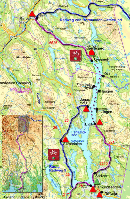 Karte zur Radtour von Femundsenden nach Røros