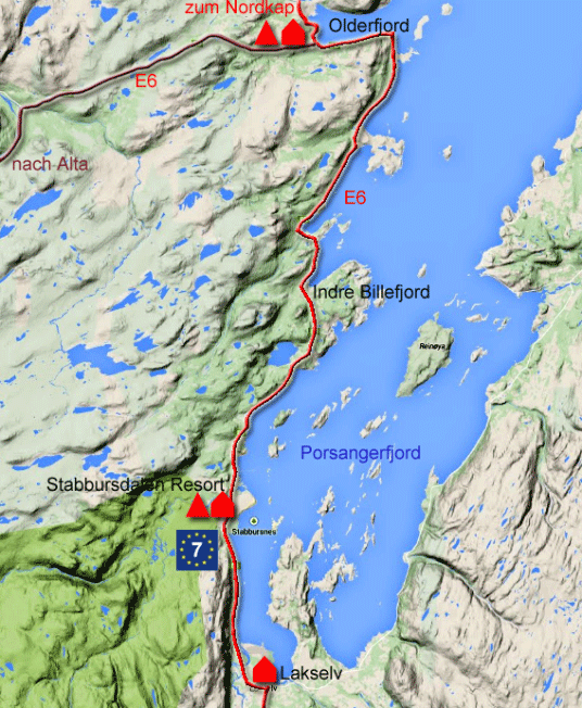 Karte zur Radtour von Lakselv nach Olderfjord