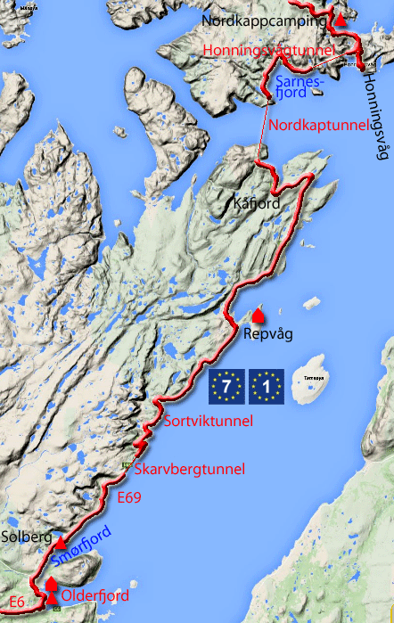 Radweg Norwegen von Tromsø zum Nordkap Abschnitt Olderfjord Honningsvåg