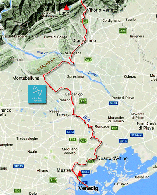 Karte zur Radtour von Vittorio Veneto nach Venedig