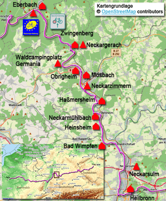 Karte Paneuropa-Radweg von Eberbach nach Heilbronn