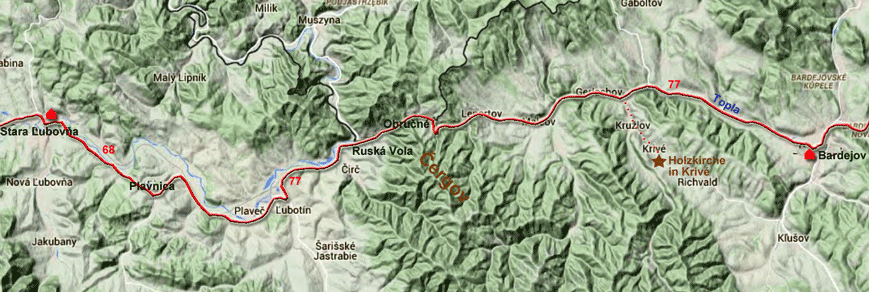 Karte zur Radtour von Stara Lubovňa nach Bardejov