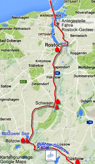 Karte zur Radtour von Güstrow nach Rostock