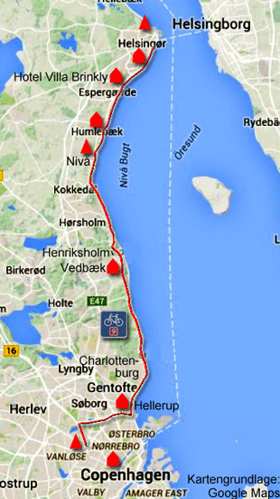 Karte zur Radtour von Kopenhagen nach Helsingør