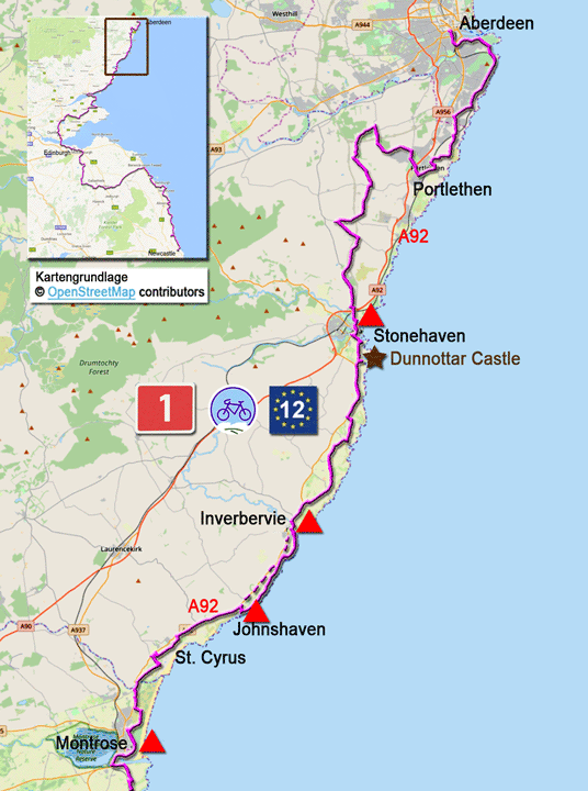 Karte zur Radtour auf dem EV12 von Aberdeen nach Montrose