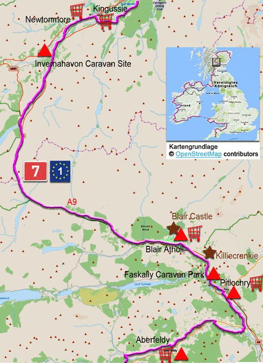 Karte zur Radtour auf dem Eurovelo 1 von Aberfeldy nach Newtonmore
