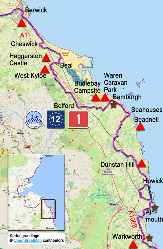 Karte zur Radtour auf dem EV12 von Berwick nach Warkworth