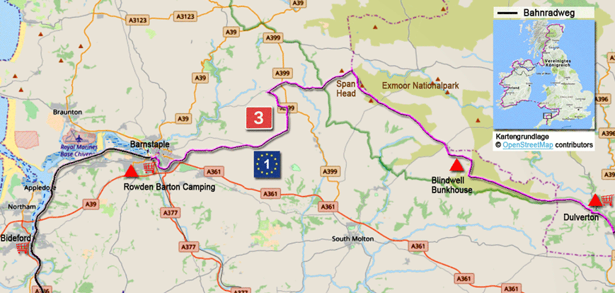 Karte zur Radtour auf dem EV1 von Bideford nach Dulverton