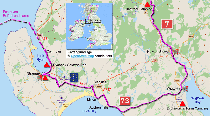 Karte zur Radtour von Cairnryan nach Glentrool Village