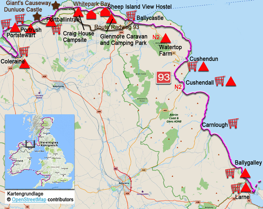 Karte zur Radtour von Coleraine nach Larne