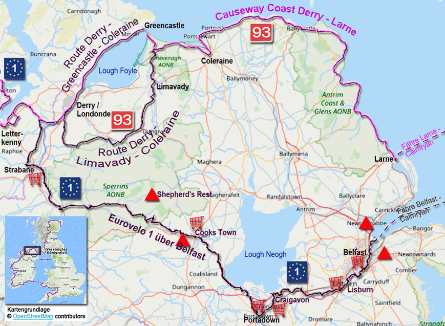 Karte mit den Streckenvarianten zwischen Derry und Belfast