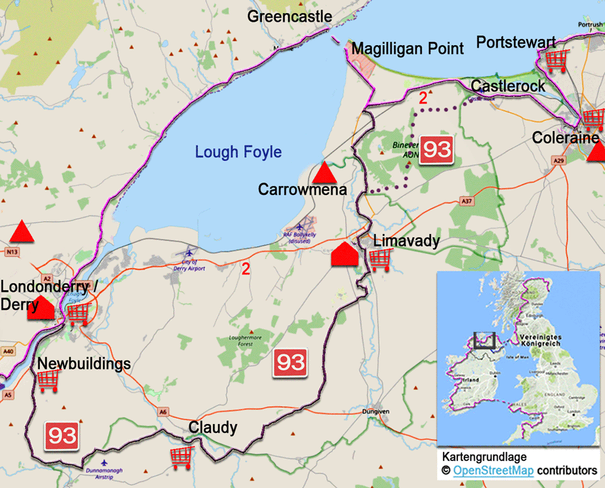 Karte zur Radtour von Derry nach Coleraine mit den Varianten über Greencastle und Limavady