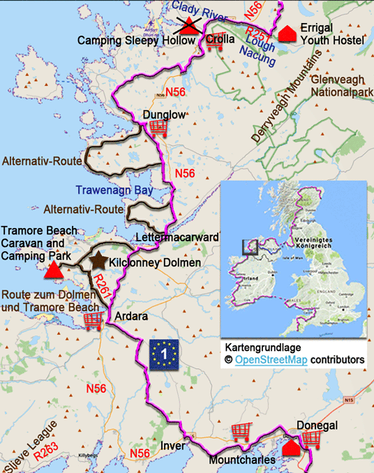 Karte zur Radtour auf dem EV1 von Donegal nach Errigal