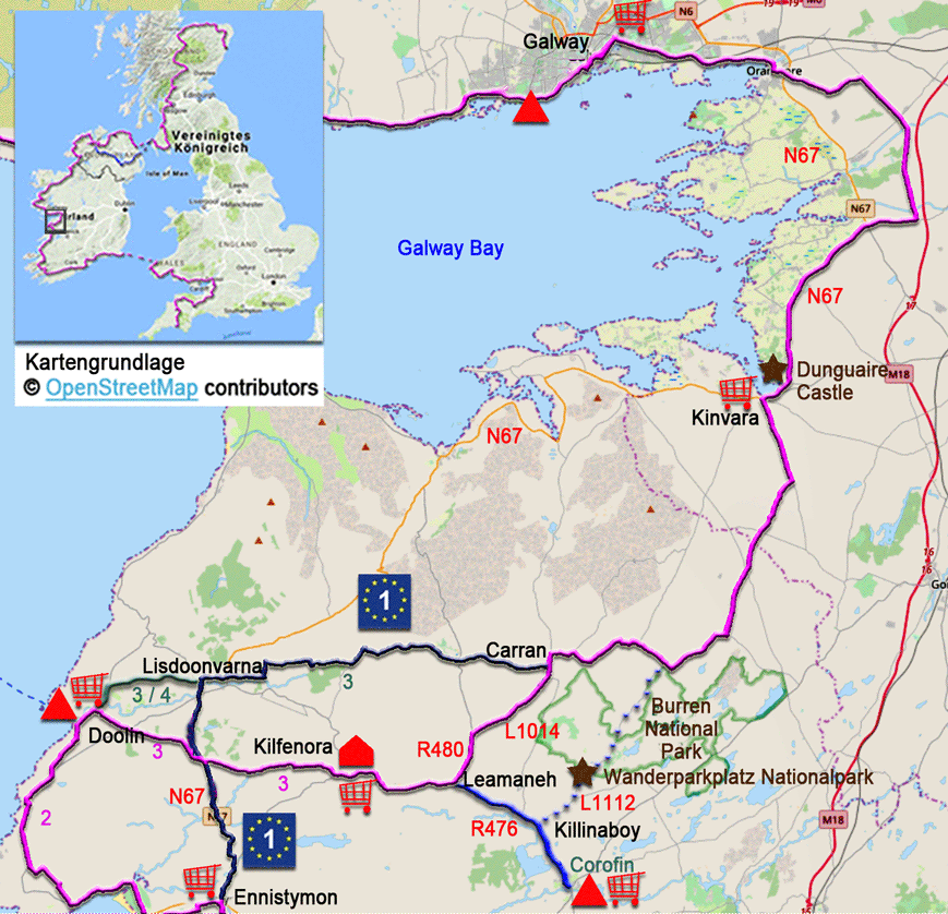 Karte zur Radtour auf dem EV1 von Doolin nach Galway