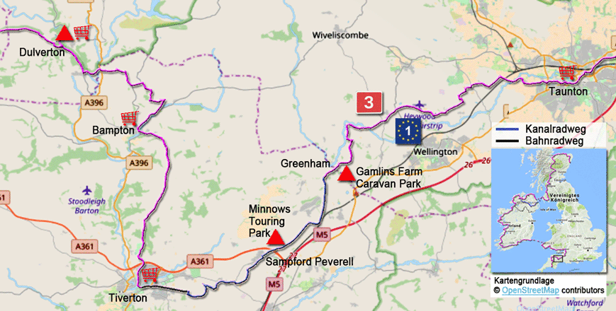 Karte zur Radtour auf dem EV1 von Dulverton nach Taunton