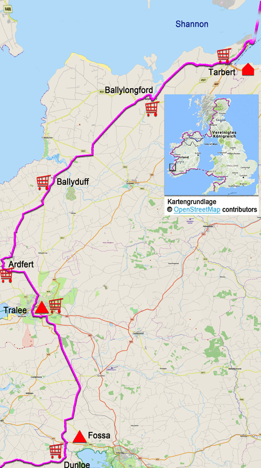 Karte zur Radtour auf dem EV1 von Dunloe nach Tarbert
