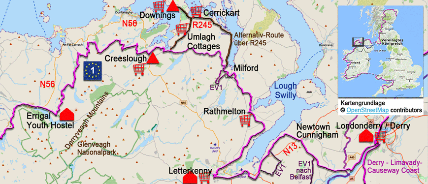 Karte zur Radtour auf dem EV1 von Errigal nach Derry