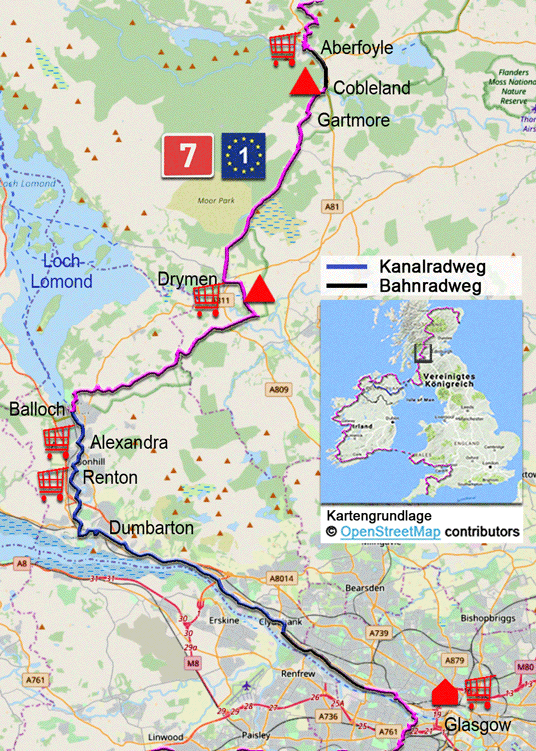 Karte zur Radtour auf dem Eurovelo 1 von Glasgow nach Aberfoyle