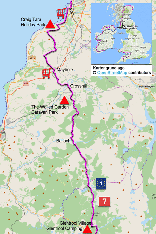 Karte zur Radtour auf dem Eurovelo 1 von Glentrool Village nach Ayr