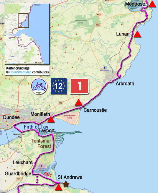 Karte zur Radtour auf dem EV12 von Montrose nach St Andrews