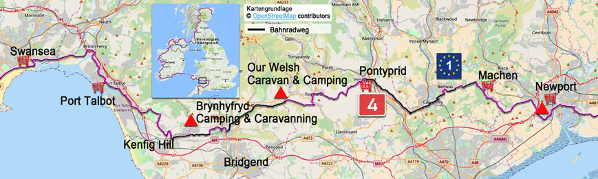 Karte zur Radtour auf dem EV1 von Newport nach Swansea