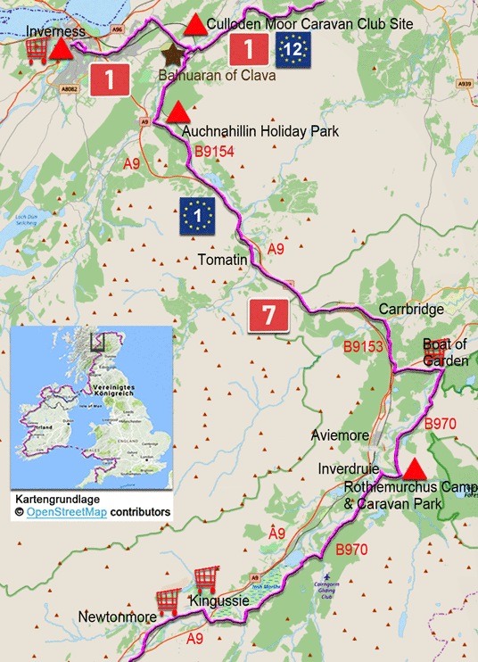 Karte zur Radtour auf dem Eurovelo 1 von Newtonmore nach Inverness