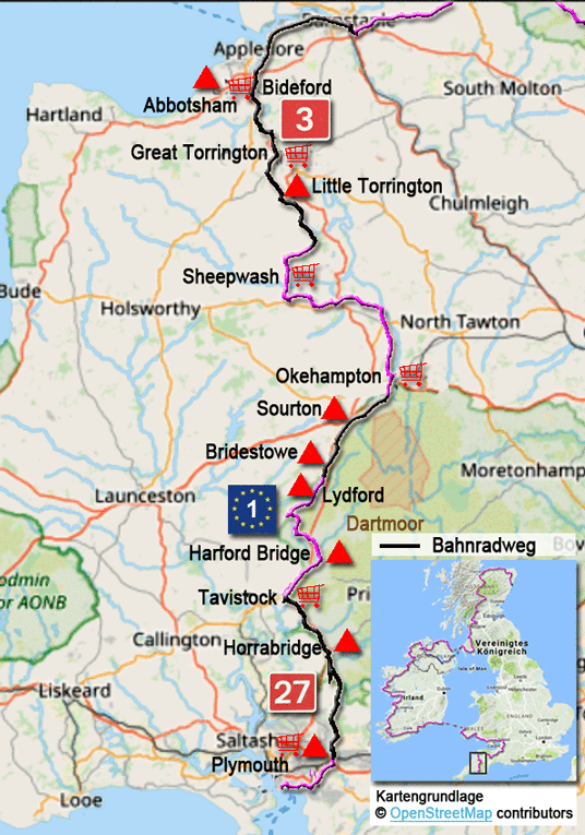 Karte zur Radtour auf dem EV1 von Plymouth nach Bideford