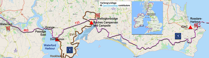 Karte zur Radtour auf dem EV1 von Rosslare nach Waterford