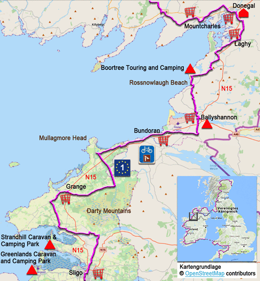Karte zur Radtour auf dem EV1 von Sligo nach Donegal