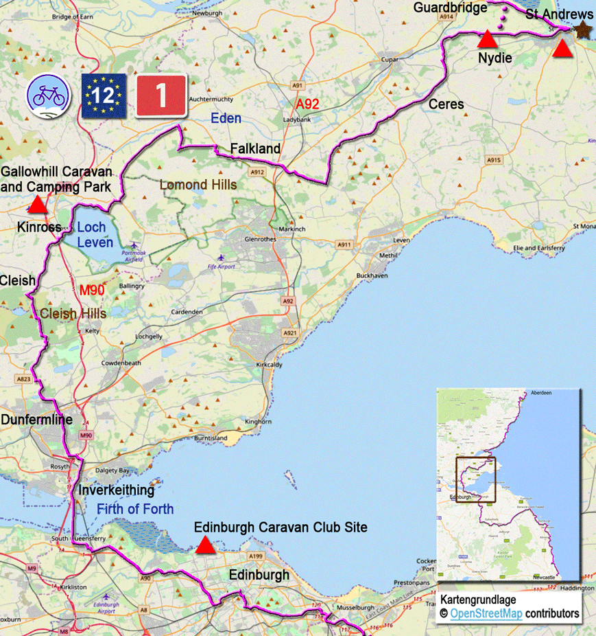 Karte zur Radtour auf dem EV12 von St Andrews nach Edinburgh