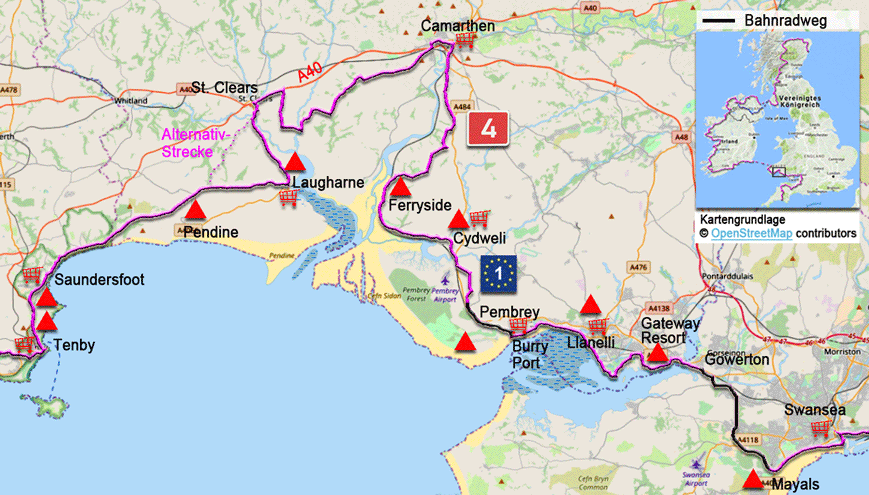 Karte zur Radtour auf dem EV1 von Swansea nach Saundersfoot