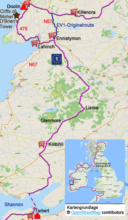 Karte zur Radtour auf dem EV1 von Tarbert nach Doolin