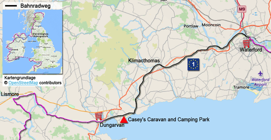 Karte zur Radtour auf dem EV1 von Waterford nach Lismore