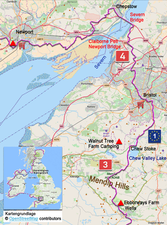 Karte zur Radtour auf dem EV1 von Wells nach Newport