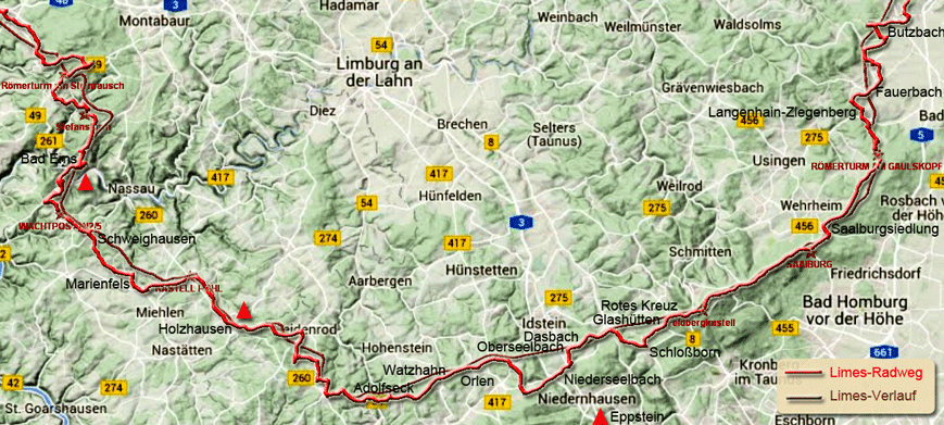 Karte zum Limes-Radweg von Bad Ems nach Butzbach