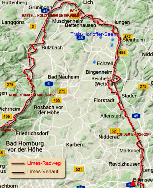 Karte zum Limes-Radweg von Butzbach nach Erlensee