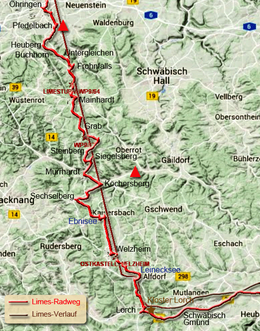 Karte zum Limes-Radweg von Öhringen nach Schwäbisch Gmünd