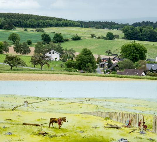 Rekonstruktion des Landschaftsbildes bei Schweighausen zur Zeit des Limes im Vergleich zu heute, 82 km ab Start