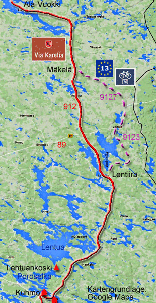Karte zur Radtour von Ala Vuokki nach Kuhmo