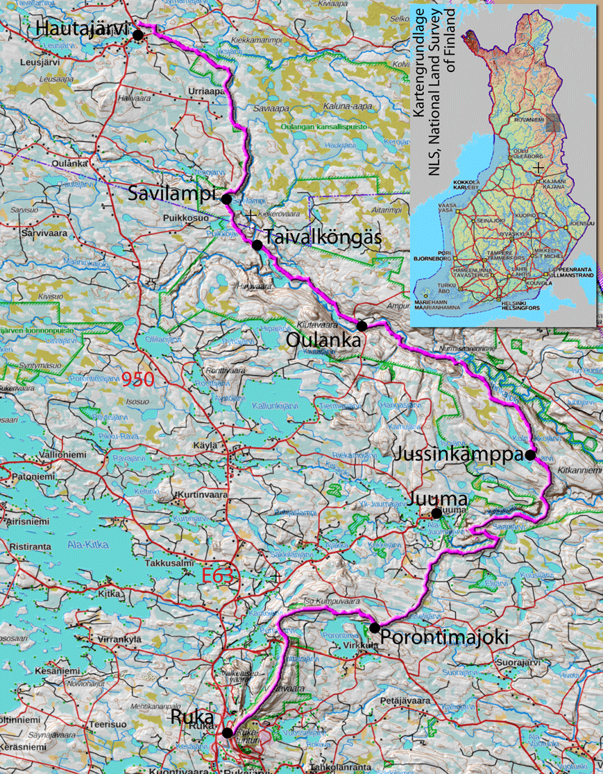 Bild: Karte zur Bärenrunde von Hautajärvi nach Ruka