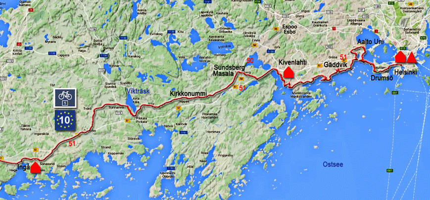 Karte zur Radtour von Helsinki nach Ingå