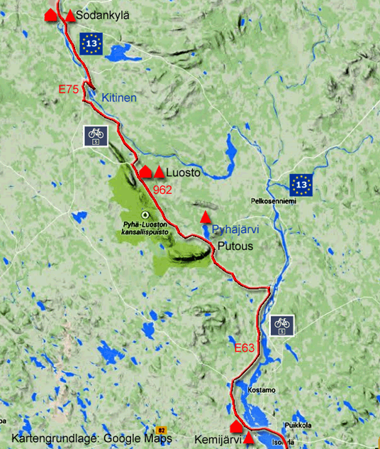 Karte zur Radtour von Sodankylä nach Kemijärvi