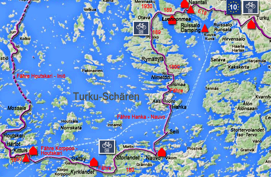 Karte zur Radtour von Turku nach Kittuis