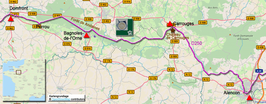 Karte zur Radtour auf dem FV40 von Alencon nach Domfront