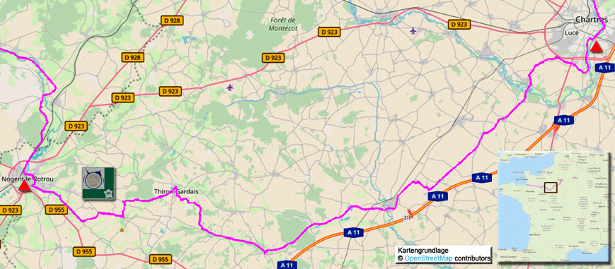 Karte zur Radtour auf dem FV40 von Chartres nach Nogent-le-Rotrou